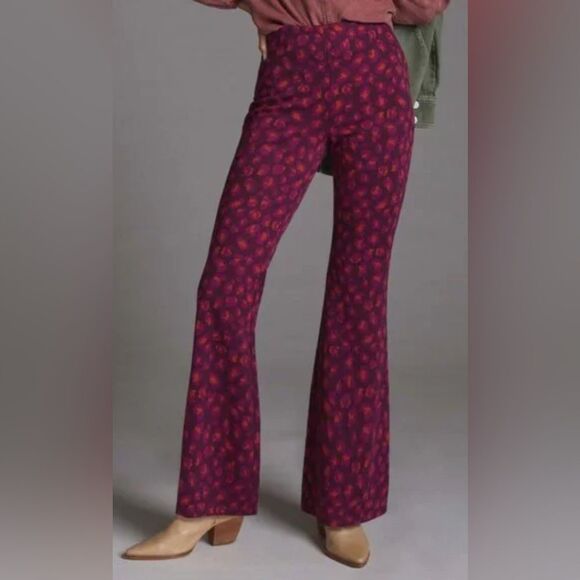 Anthropologie Knit Flare Pants Plum Leopard Print XXS - Picture 2 of 11